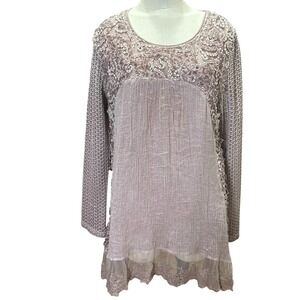 Feratelli Mauve Pink Mixed Media Size Medium Tunic Top Romantic Boho Velvet Lace